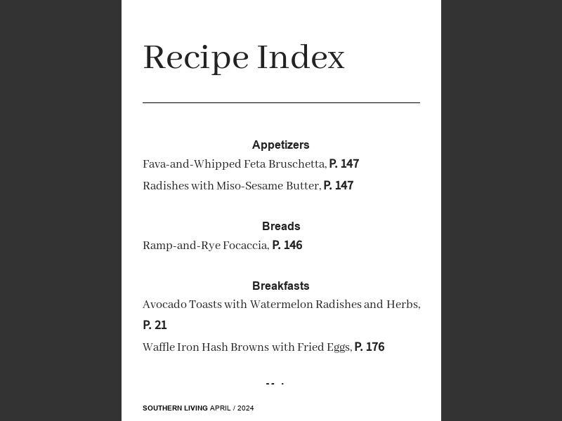 Southern Living April 2024Recipe Index